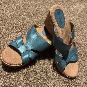Strictly Comfort aqua leather cork wedges (8M) - EUC!